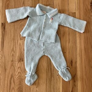 Cradle Knit Layette Set Crochet  Sweater Hat and Pants w attached booties